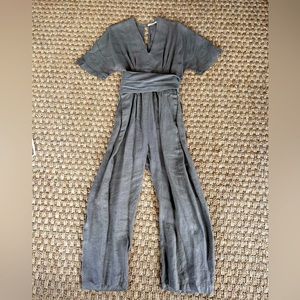 Black Crane linen Jumpsuit with Obi style high waist tie in Fawn/mushroom